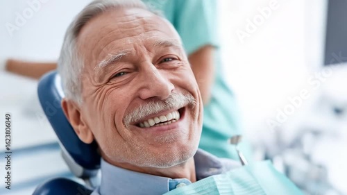 Senior man smiles broadly at dentist, showcasing healthy teeth and joyful dental experience, representing comfort, confidence, and oral health