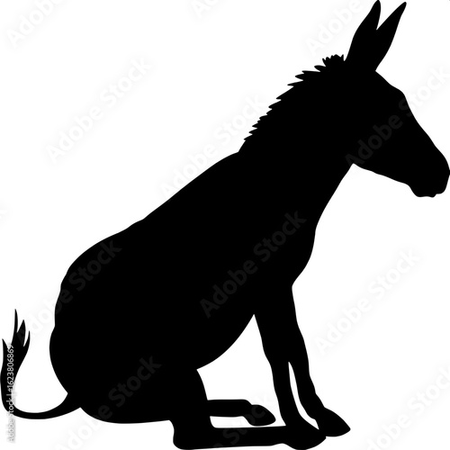 Minimalist illustration of a seated donkey, shown in black silhouette against a white background. The form is simplified yet recognizable, with all limbs and tail included in the composition.