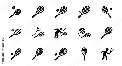 Solid black silhouette sports icon set  -  tennis player icon with racket and ball, representing sport and active lifestyle, isolated on white background