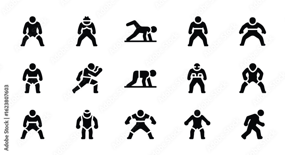 Naklejka premium Solid black silhouette sports icon set - silhouette of a person in a plank position, isolated on white background