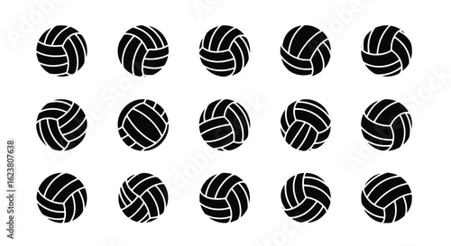 Solid black silhouette sports icon set  -  volleyball ball, isolated on white background