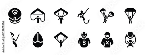 Solid black silhouette sports icon set  -  collection of black icons depicting extreme sports skydiver, bungee jumper, and athlete, isolated on white background