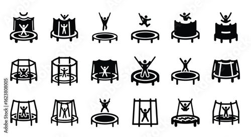 Solid black silhouette sports icon set  -  collection of trampoline icons showing people jumping and bouncing, isolated on white background