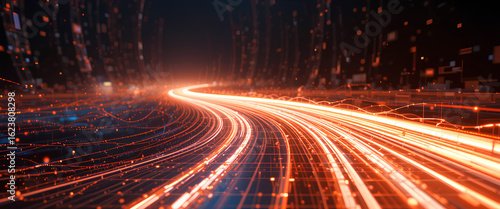 Conceptual AI Stream: Moving Data on a Futuristic Orange Digital Road

