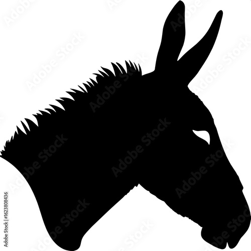 A close-up black silhouette of a donkey's head in profile, showing detailed ear and muzzle shape. The rest of the body is cropped out. The background is pure white, creating strong contrast.