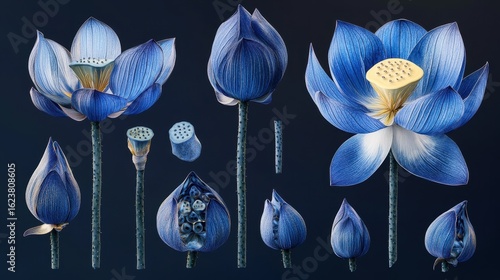 A detailed illustration of the anatomy of a blue lotus flower
