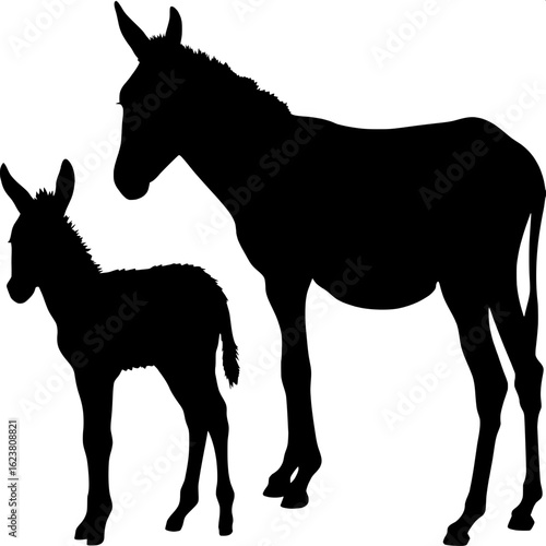 Black silhouette of a young donkey (foal) standing next to an adult donkey. Both animals are in profile view, with simplified, stylized outlines. The composition remains centered on a white background