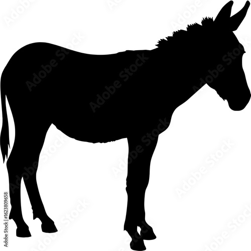 Silhouette of a donkey in three-quarter view, slightly angled toward the viewer but still largely in profile. The animal’s details like tail, ears, and hooves are visible in sharp contrast against the