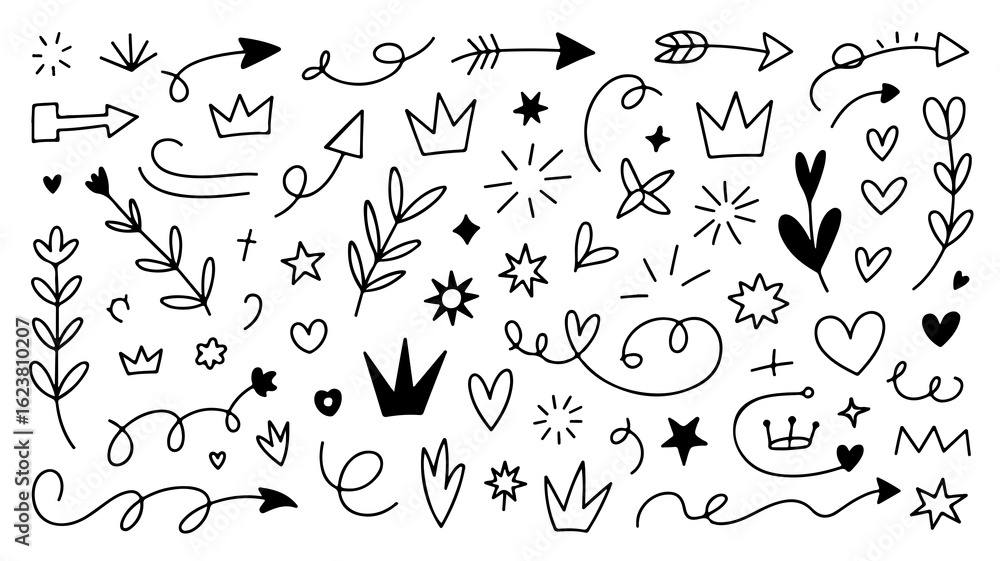 Naklejka premium Charming hand-drawn doodles featuring arrows, hearts, stars, crowns, and floral elements, all creatively arranged on transparent background