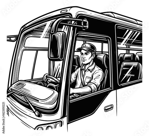 Professional bus driver in a cap steering a modern coach, a black and white line art illustration for transportation concepts.