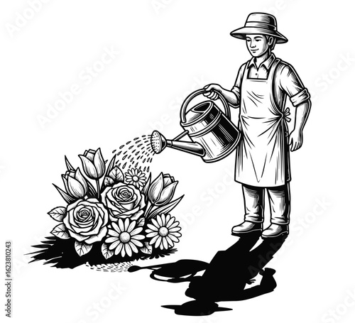 Gardener nurturing a lush flowerbed with a watering can. Retro black and white line art illustration representing horticulture and cultivation.