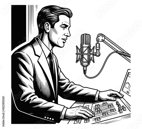 Vintage illustration of a radio announcer broadcasting live, speaking into a microphone at a studio sound console.