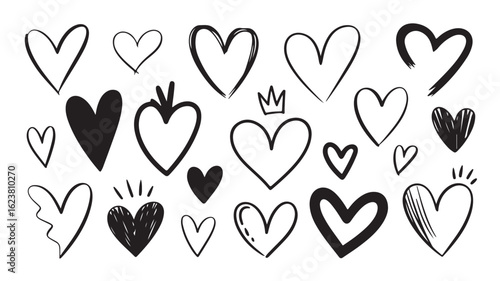 Romantic Collection of Black and White Hand-Drawn Hearts with Different Styles for Valentine's Day on transparent background