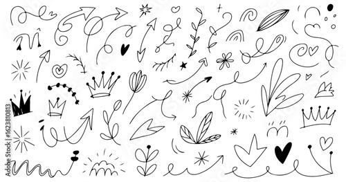 Hand-drawn Doodle Arrows, Crowns, and Floral Elements Collection Design Elements for Planners, Cards, and Invitations