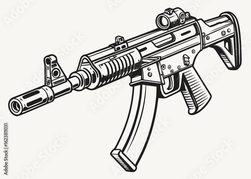 Illustration of a black and white assault rifle with a magazine and scope in a detailed style created with generated ai