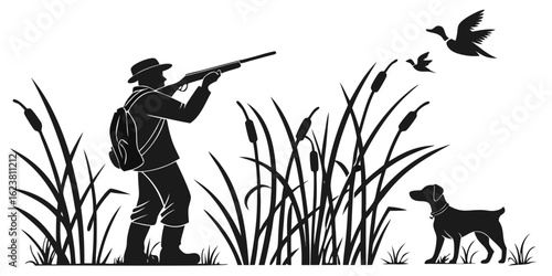 Hunter aiming rifle at flying ducks with dog in marsh reeds in black and white silhouette style art created with generated ai