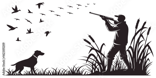 Silhouette of a hunter aiming a rifle at flying birds with a dog in a grassy field scene created with generated ai