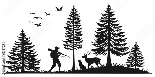 A silhouette of a hunter with a rifle accompanied by a dog in a forest with deer and birds flying created with generated ai