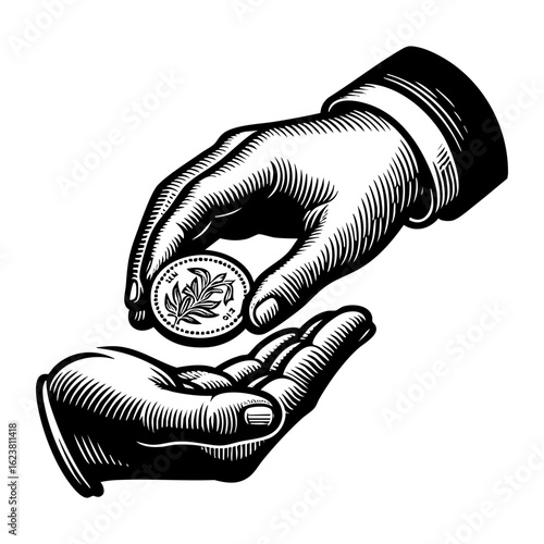 Hand giving coin engraving black and white outline. Scratch board imitation.
