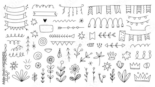 Collection of hand-drawn doodle elements, including floral designs, banners, and decorative borders.