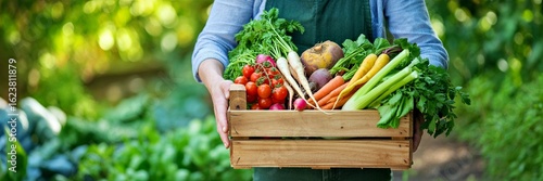 vegetables, produce, wooden crate, organic, farmer's market, gardener, fresh, healthy, seasonal, harvest, outdoors, nature, green, foliage, blurred background
