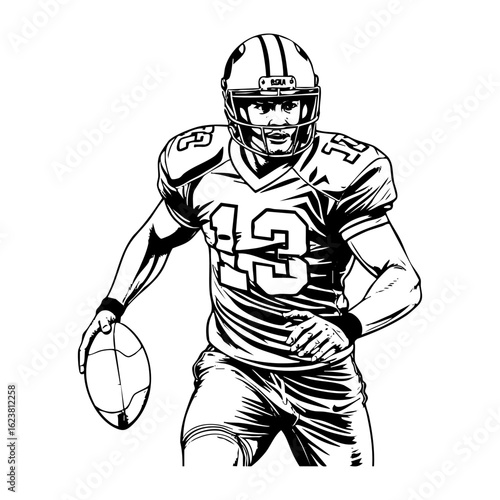 American football player engraving black and white outline. Scratch board imitation.  illustrated in vintage line art style on a white background.