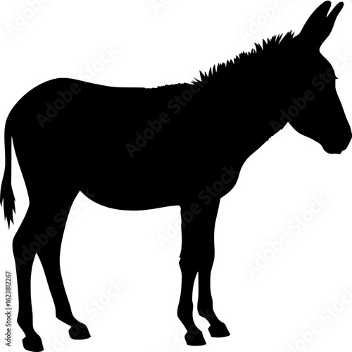 A black silhouette of a donkey in profile view, facing left, standing firmly on a plain white background. The composition is centered and minimalist, showing detailed outlines of ears, tail, mane, and