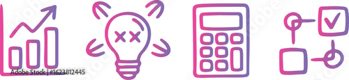 A set of business strategy icons including a growth chart, a failed idea lightbulb, a calculator, and a workflow diagram.