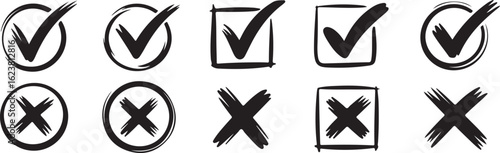 Collection of hand-drawn check marks and cross marks in various shapes and styles.