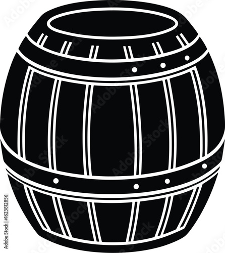 Vector art of a black and white illustration of a wooden barrel, isolated on a white background, representing storage and traditional crafts