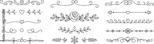 A collection of hand-drawn calligraphic text dividers and ornamental borders with floral and heart motifs.