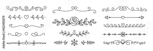 Elegant decorative dividers with floral, heart and flourish elements for graphic design projects isolated on transparent background.