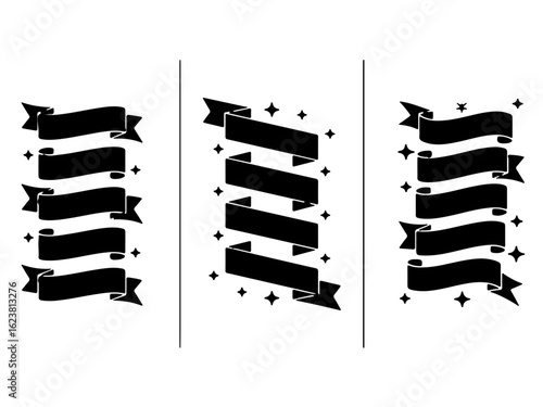 Set of three black ribbon banners with different arrangements and styles.