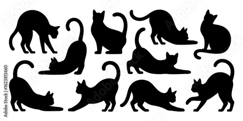 Collection of black cat silhouettes in various poses, stretching and sitting.