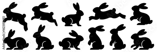 A collection of black rabbit silhouettes in various dynamic poses, including sitting, standing, and jumping, on a white background.