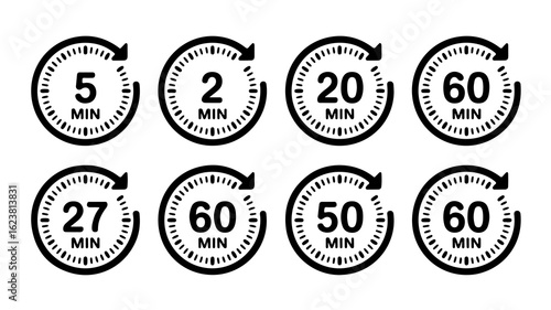 Diverse set of minimal timer icons showcasing different time intervals in minutes displayed on transparent background.