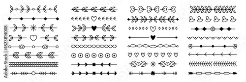 A collection of hand-drawn decorative line dividers and borders, featuring arrows, hearts, leaves, and various geometric shapes for page layout.