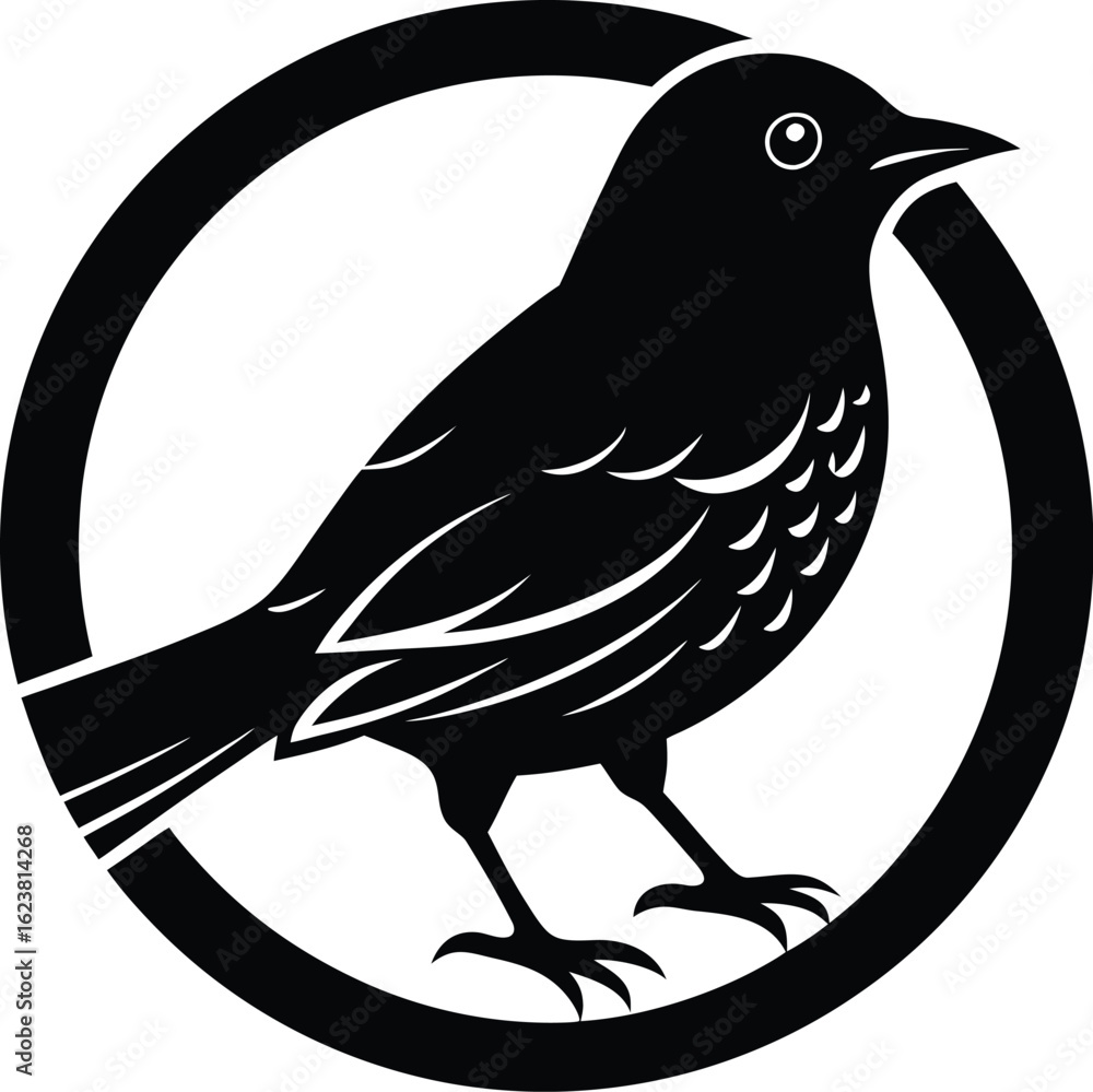 Obraz premium Vector art of black silhouette of a bird standing inside a circle, isolated on white background