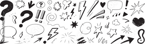 A collection of hand-drawn doodle elements, including arrows, hearts, question marks, lightning bolts, stars, clouds, and speech bubbles.