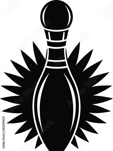 Vector art of black silhouette of a bowling pin with a starburst or explosion effect behind it, isolated on a white background, symbolizing a strike or the sport of bowling