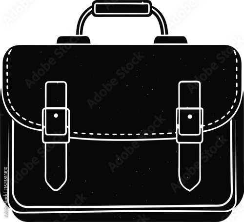 Vector art of black and white illustration of a vintage leather briefcase with buckles and stitching, symbolizing business, work, and travel