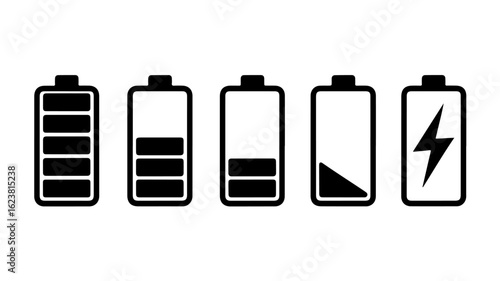 Five battery level indicators showing different charge states.