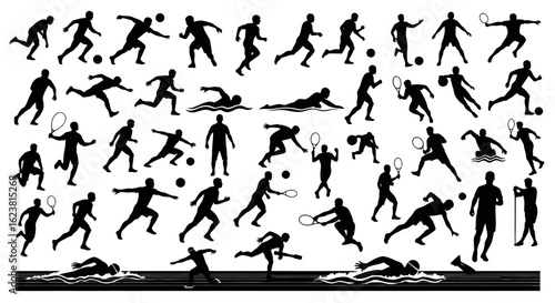Silhouette illustration featuring various sports activities including running swimming and tennis players