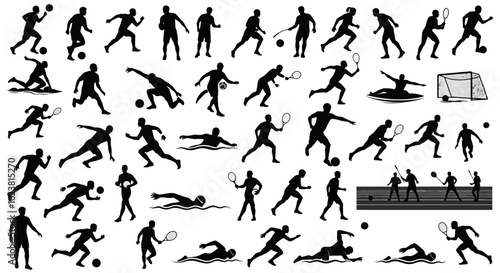 Silhouette depictions of athletes engaged in various sports on a white background illustration