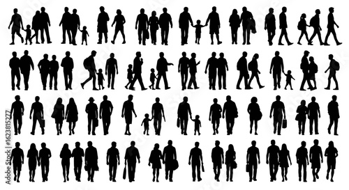 Silhouettes of people walking in various poses including couples and families with children on white background