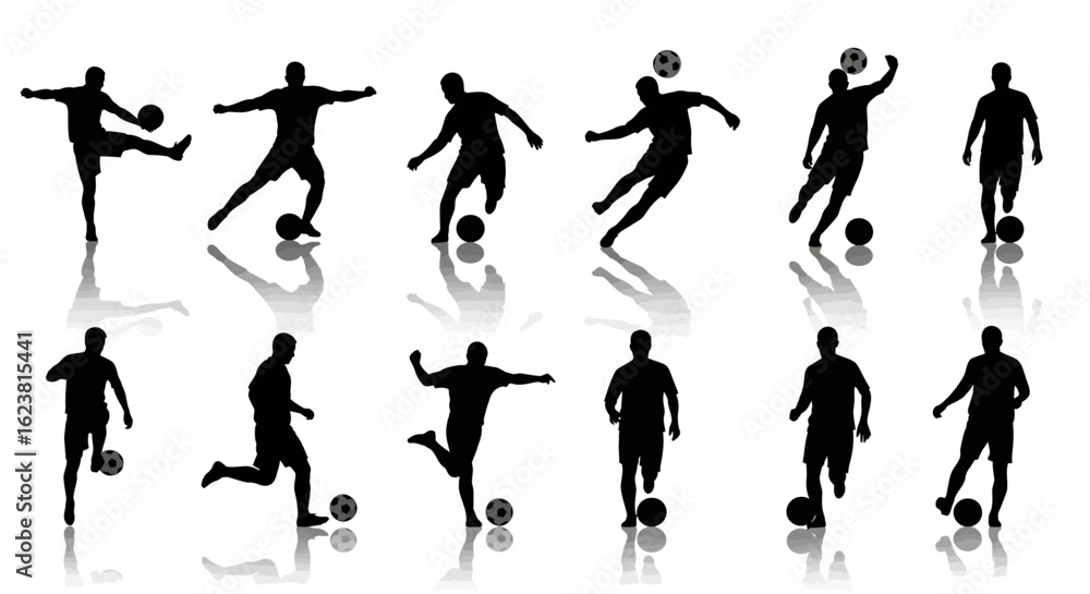 Silhouette illustrations of soccer players in various poses with soccer balls on a white background Silhouette illustrations of soccer players in various poses with soccer balls on a white background