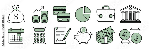 Collection of financial icons representing money, banking, and investment concepts.
