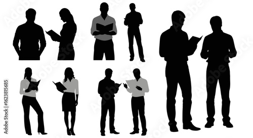 Silhouette of people reading books and documents standing in various poses on a white background