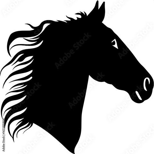 A head-and-neck profile illustration of a stallion, turned slightly toward the viewer's right, in grayscale. The mane is windswept back, and the expression is calm but alert. Every line and shadow con