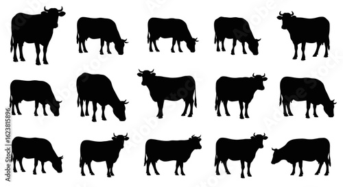 A collection of black cow silhouettes in various poses against a white background uniformly arranged